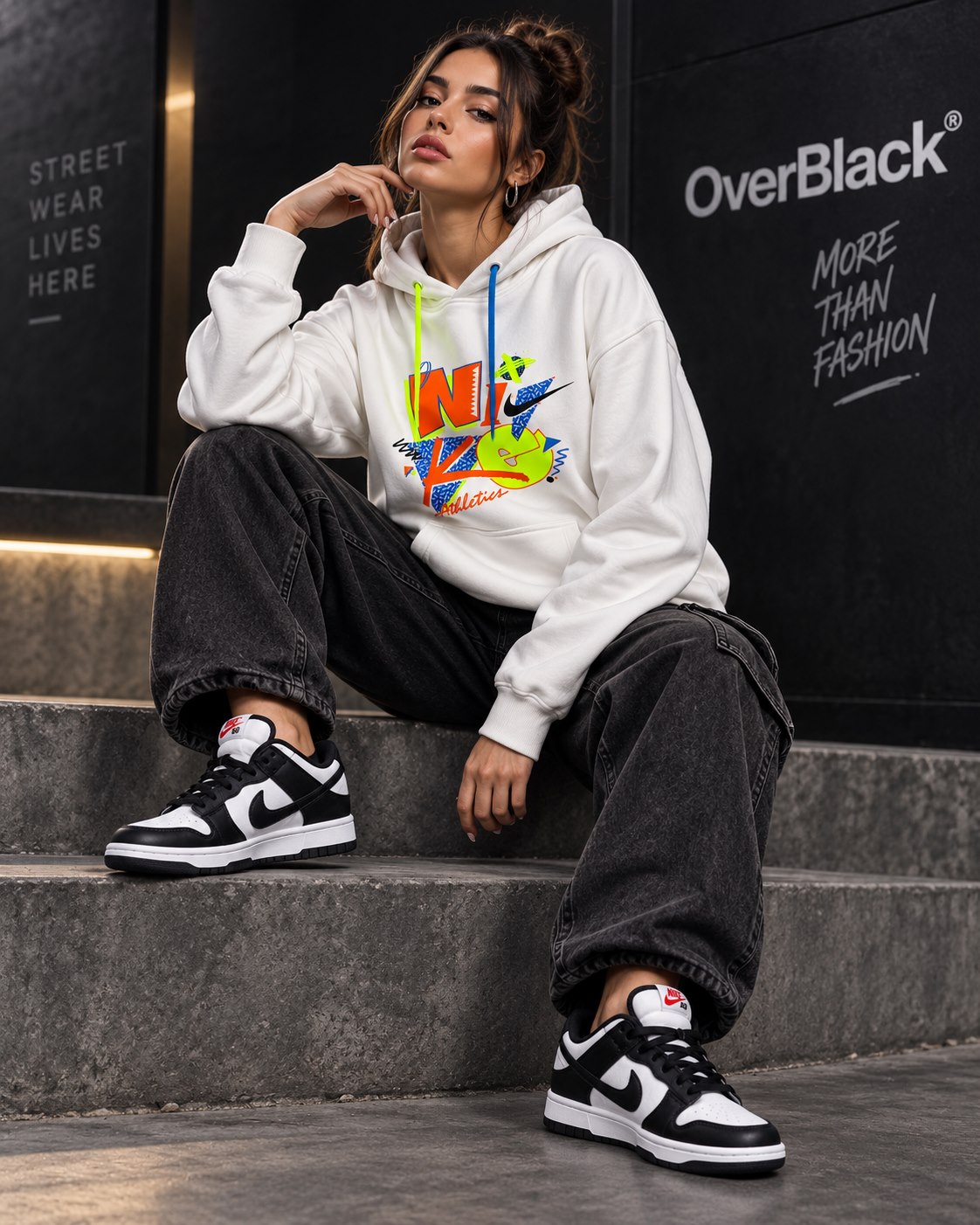 Modelo con hoodie gráfico y denim oscuro